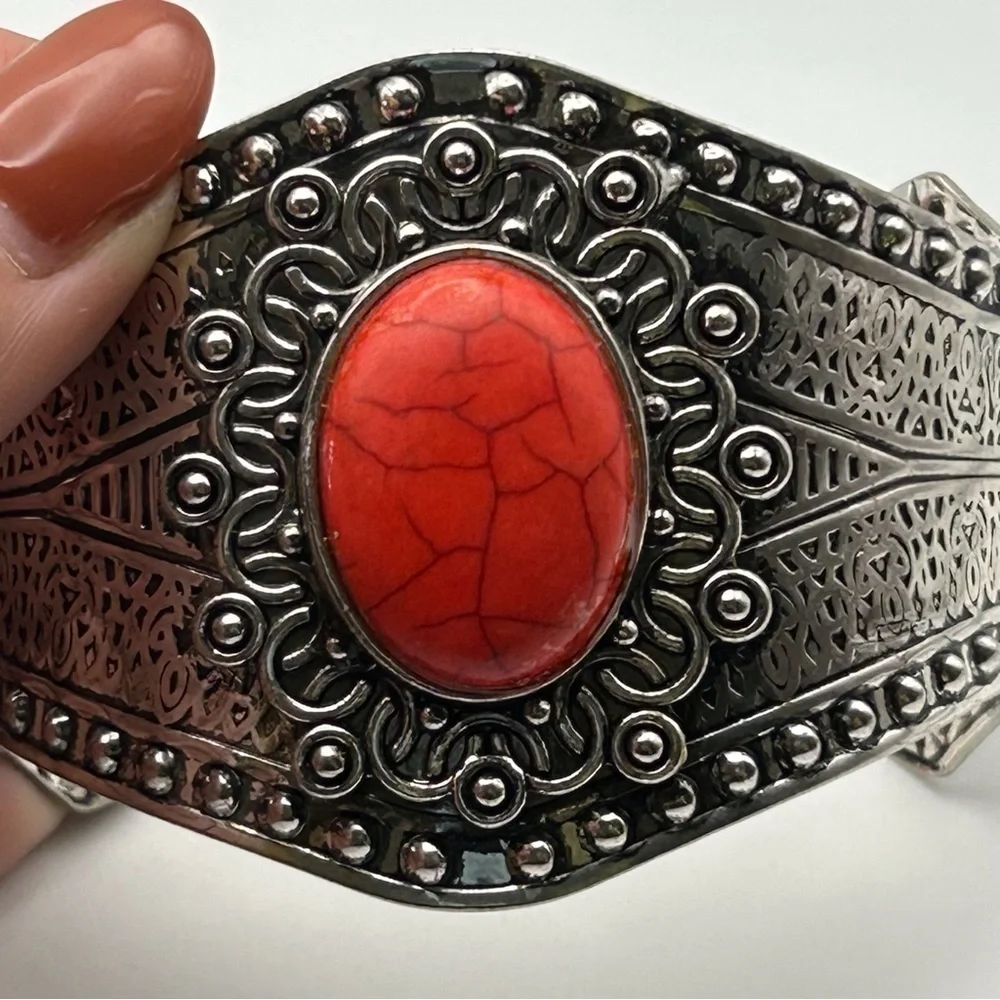 Boho Silver Tone Studded Ornate Cuff Bracelet with Faux Vibrant Orange Stone